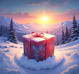 Illustration of winter landscape with gift box.