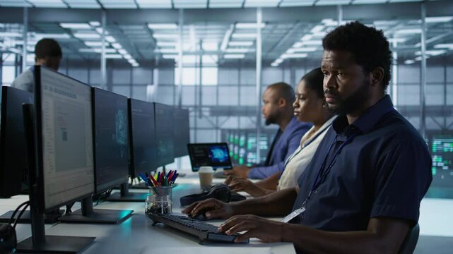 Developers in data center workspace implementing AI predictive maintenance systems. Admin in server hub office using artificial intelligence machine learning tech to identify hardware failures
