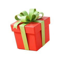A bright red gift box tied with a green ribbon, designed with a glossy finish, perfect for festive occasions and holiday gift giving for Christmas. transparent background, png