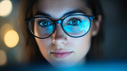 Fototapeta premium Person with glasses intently viewing computer screen reflecting blue light close-up