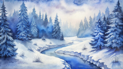 Obraz premium Snow-covered trees along a frozen stream in winter