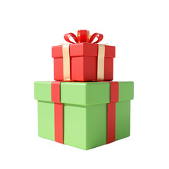 Two stacked gift boxes, one green and one red, adorned with colorful ribbons, designed in a glossy finish, suitable for festive occasions and celebrations for Christmas. transparent background, png
