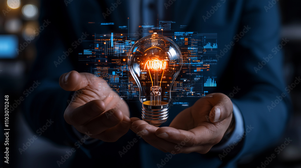 Aufkleber businessman holds glowing lightbulb symbolizing innovation and ideas, surrounded by digital data and