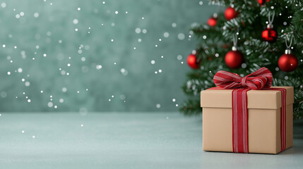 charming holiday scene with gift box decorated with red ribbon, surrounded by festive atmosphere and beautifully adorned Christmas tree. soft snowfall adds magical touch