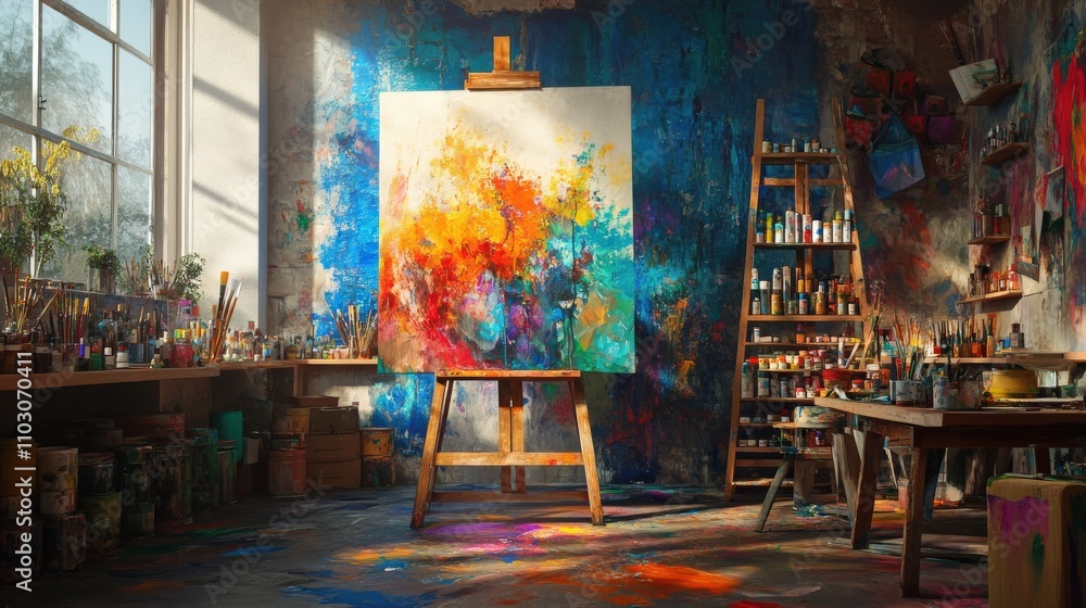 Poster a colorful artist studio features a large canvas on an easel surrounded by a variety of paints and a