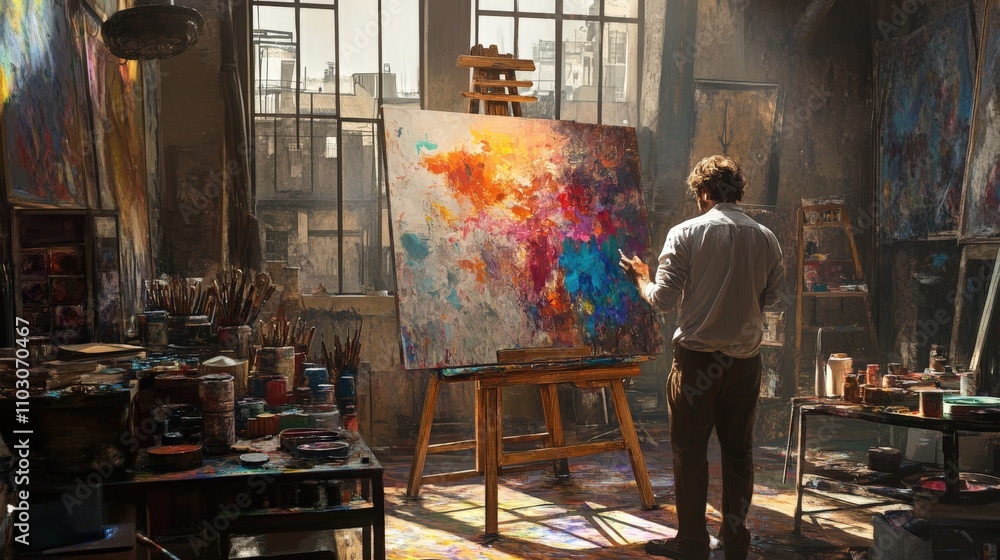 Poster in a dynamic studio filled with colorful paints, an artist is immersed in creating a masterpiece on 