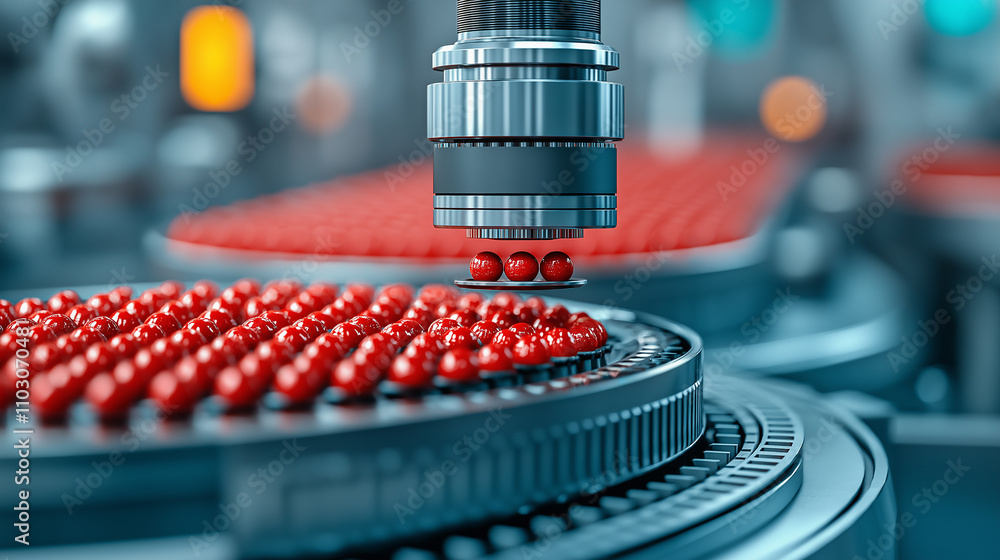 Poster close up cinematic shot of robotic conveyor system handling red spheres, showcasing advanced technology in modern industrial setting. scene conveys precision and efficiency
