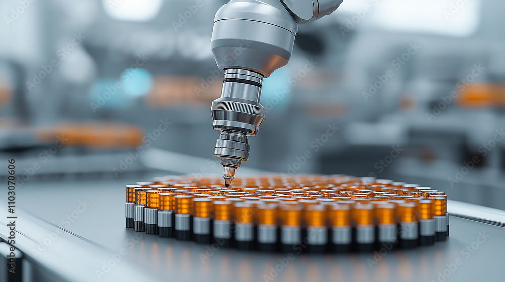 Poster robotic arm precisely dispensing liquid into grid of vials, showcasing advanced automation in labora