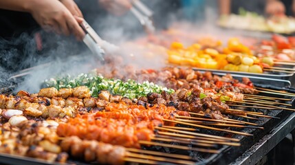 Naklejka premium Vendors expertly grill a variety of skewered meats and vegetables, filling the air with appetizing aromas at a lively street market during peak evening hours