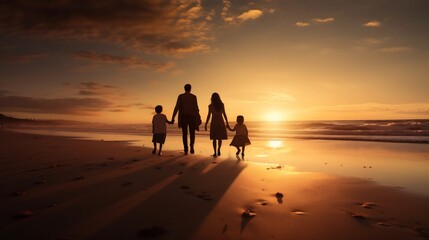 Fototapeta premium A Family Strolling Hand in Hand on a Serene Beach at Sunrise Enjoying a Peaceful and Bonding Moment in the Idyllic Coastal Landscape