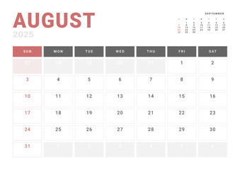 Monthly page Calendar Planner Template of August 2025. Vector layout of calendar with week start Monday for Scheduling. Page for size A4 or 21x29.7 cm