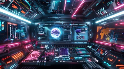 Obraz premium Futuristic Control Room with Neon Lights and Screens