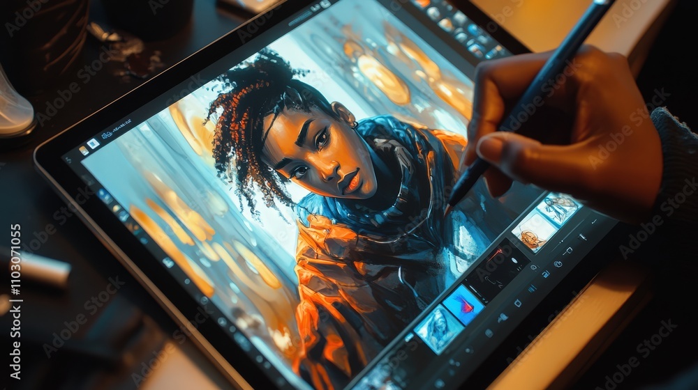 Poster a digital artist skillfully uses a stylus to craft a colorful character design on a tablet. the work