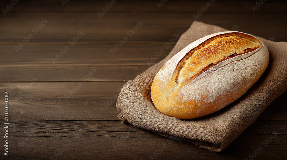 Poster freshly baked loaf of bread resting on linen cloth, showcasing its golden crust and rustic texture. 