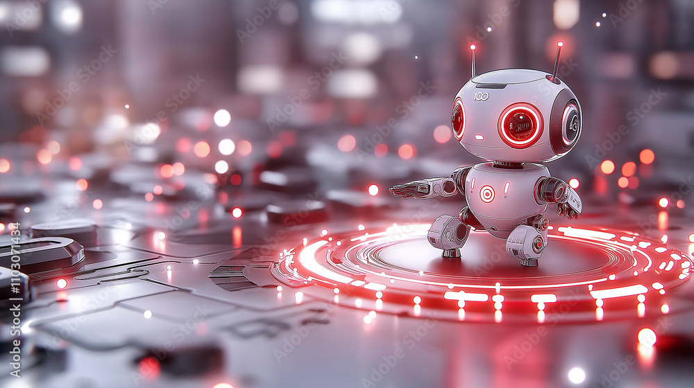 Fototapete humanoid robot with advanced ai features stands on futuristic circuit board, illuminated by red ligh
