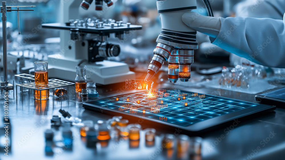 Poster robot in laboratory conducting task with advanced technology, showcasing microscope and digital interface. scene highlights innovation and scientific research