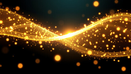 Dynamic wave of glowing particles creating an abstract representation of movement in a dark space