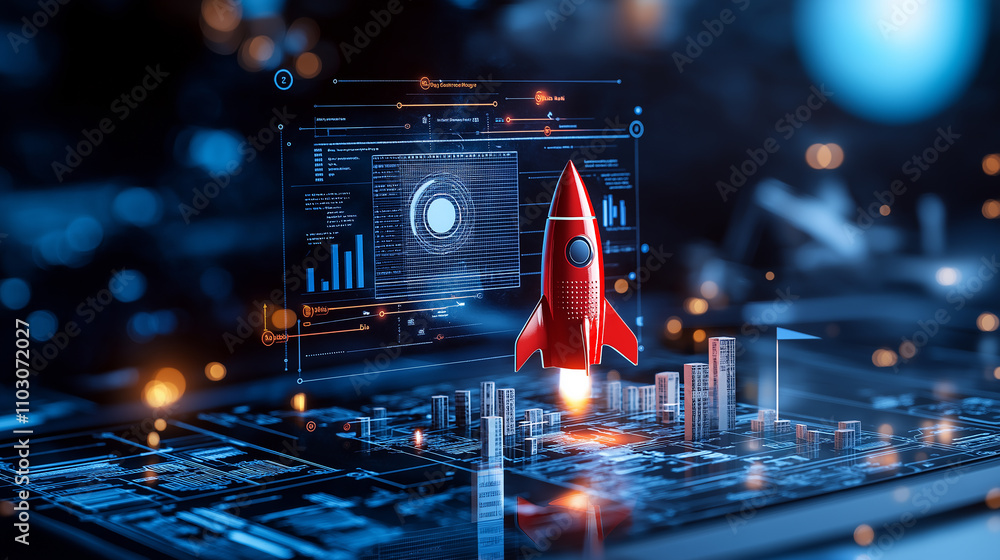 Poster vibrant depiction of digital workspace showcasing red rocket launching amidst data analytics and futuristic city elements, symbolizing innovation and growth