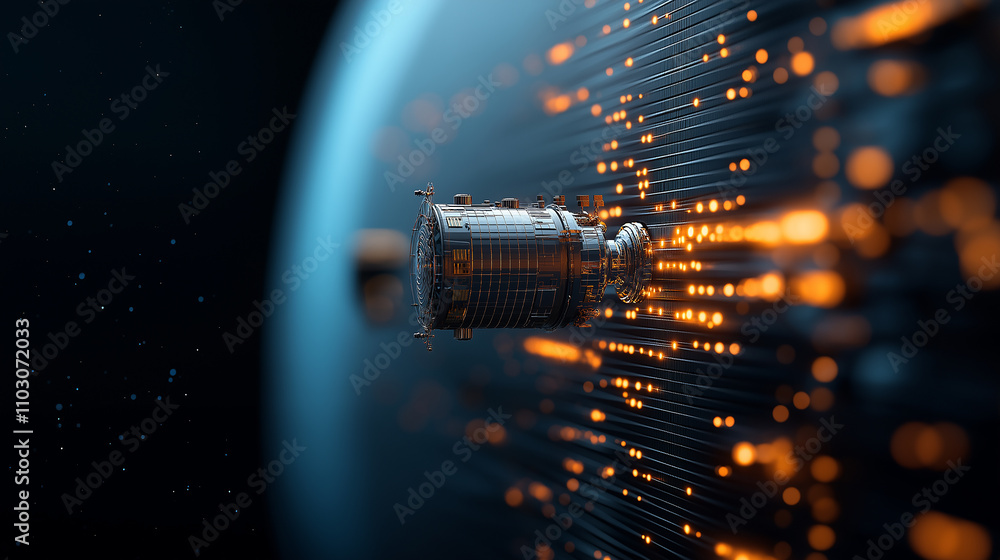 Poster futuristic spacecraft travels through space, surrounded by glowing particles and distant view of ear