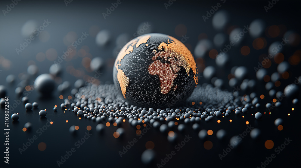 Poster detailed view of Earth with textured surface, surrounded by spheres, creates captivating visual of our planet. interplay of light and shadow adds depth and intrigue
