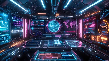 Obraz premium Futuristic Spaceship Interior with Advanced Technology and Neon Lights