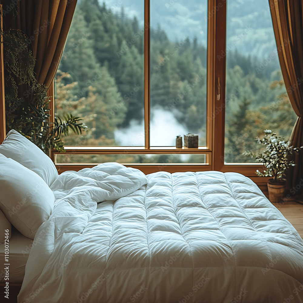 Poster white soft tidy duvet placed on tidy bed with scenic view of trees and mountains through large windo