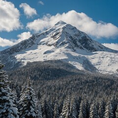"A snow-covered mountain peak towering above a dense pine forest, with a bright blue sky and fluffy white clouds."
