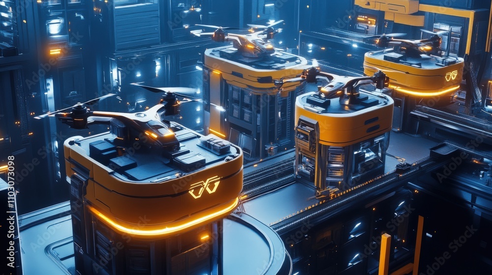 Poster a high-tech logistics hub features multiple drones stationed on sleek platforms, illuminated by vibr