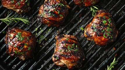 Grilled chicken thighs garnished with fresh herbs sizzling on a barbecue grill, showcasing a mouthwatering and flavorful culinary delight.