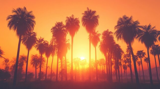 Serene sunset over a palm tree plantation, casting warm orange hues and creating striking silhouettes of coconut trees against the evening sky.