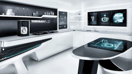 This advanced kitchen concept features a sleek, minimalist design with integrated technology