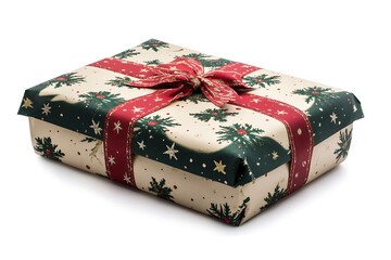 A beautifully wrapped Christmas gift box with a festive ribbon, isolated on a white background. Perfect for holiday promotions, invitations, and seasonal designs
