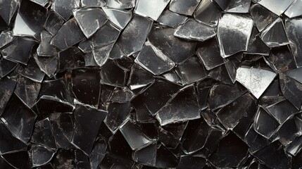 Textured background of dark, shattered glass fragments showing intricate patterns and reflective surfaces in varying shapes and sizes