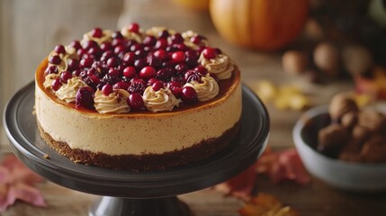 Pumpkin cheesecake topped with cranberries and swirls of cream, set in a cozy autumn scene with seasonal decorations and warm colors.