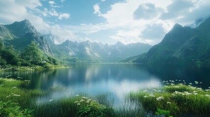 Tranquil lake reflecting majestic mountains under a bright sky, surrounded by lush greenery and vibrant wildflowers along the shore.