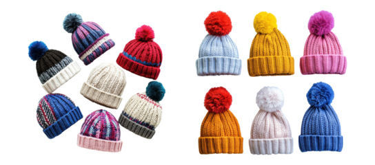 Set of Colorful knitted winter hats with pom-poms isolated on transparent background 