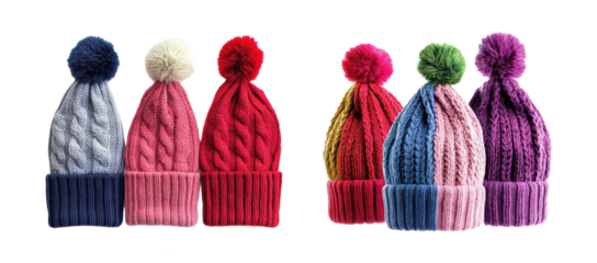 Set of Colorful knitted winter hats with pom-poms isolated on transparent background 