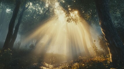 Sunlight beams casting a warm glow through misty trees in a tranquil forest, evoking a serene atmosphere ideal for wellness and meditation themes.