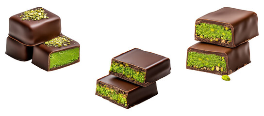 Set of Matcha green tea chocolate bars with pistachio filling isolated on transparent background