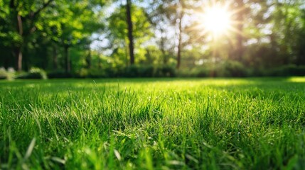Naklejka premium Vibrant green grass illuminated by sunlight in a serene natural setting with lush trees and a soft, warm glow in the background.