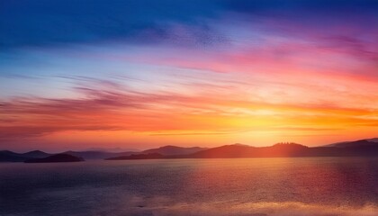 Obraz premium Sunset over the Horizon: A breathtaking vista of a vibrant sunset over a serene landscape. The sky is ablaze with a kaleidoscope of colors.