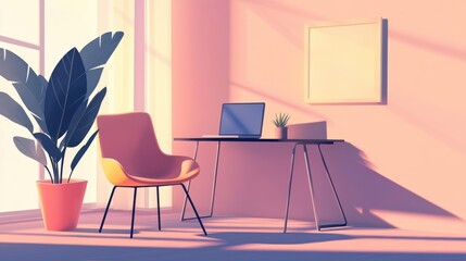 A cozy workspace with a sleek laptop placed on a minimalist desk. A potted plant adds a touch of nature, and sunlight casts gentle shadows on the pastel walls
