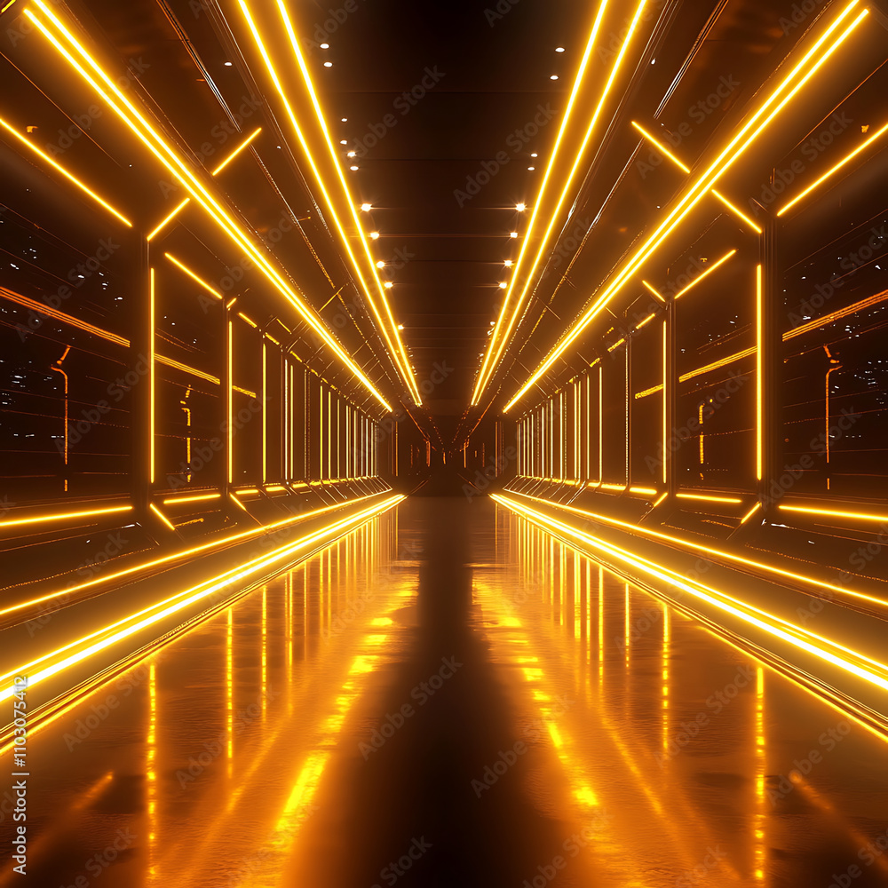 Aufkleber futuristic corridor with glowing orange lights and reflective surfaces, creating dynamic atmosphere.