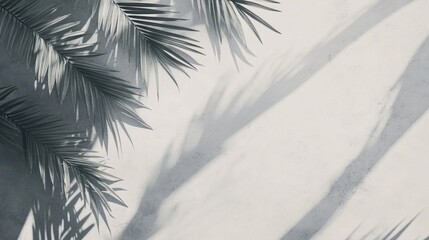Obraz premium Vertical mockup showcasing palm leaf shadows on a soft grey concrete background, featuring a clean flat lay design for versatile branding applications.