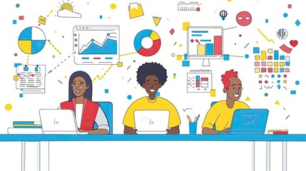 Three Business Professionals Collaborating on Marketing Data Creation, Featuring Flat Illustrations with Charts, Laptops, and Vibrant Colors on White Backgrounds