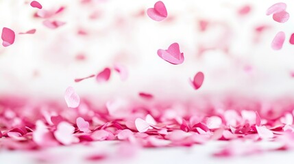Scattered pink heart confetti on a white background, creating a vibrant and festive ambiance ideal for celebrations and special events.