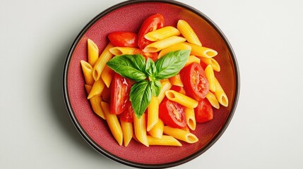 Tricolor penne pasta with cherry tomatoes garnished with fresh basil leaves on a vibrant red plate against a minimalist white backdrop