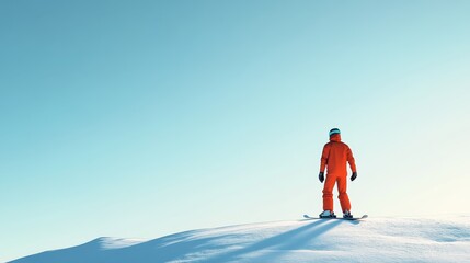 3D rendering of a man standing in ski clothes and equipment on the top of a snow hill on a clear sky. Template concept for banner or poster with copy space for text on winter sports theme.