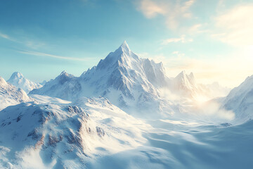 Fototapeta premium Majestic snow-covered mountains under a clear blue sky, with soft sunlight reflecting off the icy peaks. A serene and timeless winter wonderland