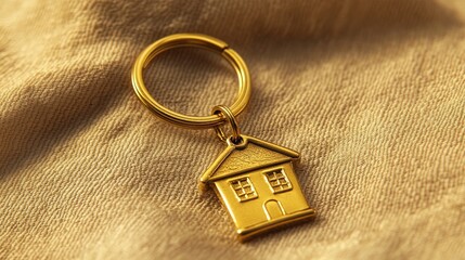 Golden house keychain featuring intricate details on a soft, textured beige background, emphasizing its elegant design and shine.